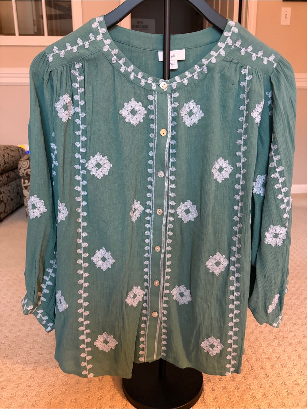 J. Jill Teal Green Embroidered Button-Front Blouse